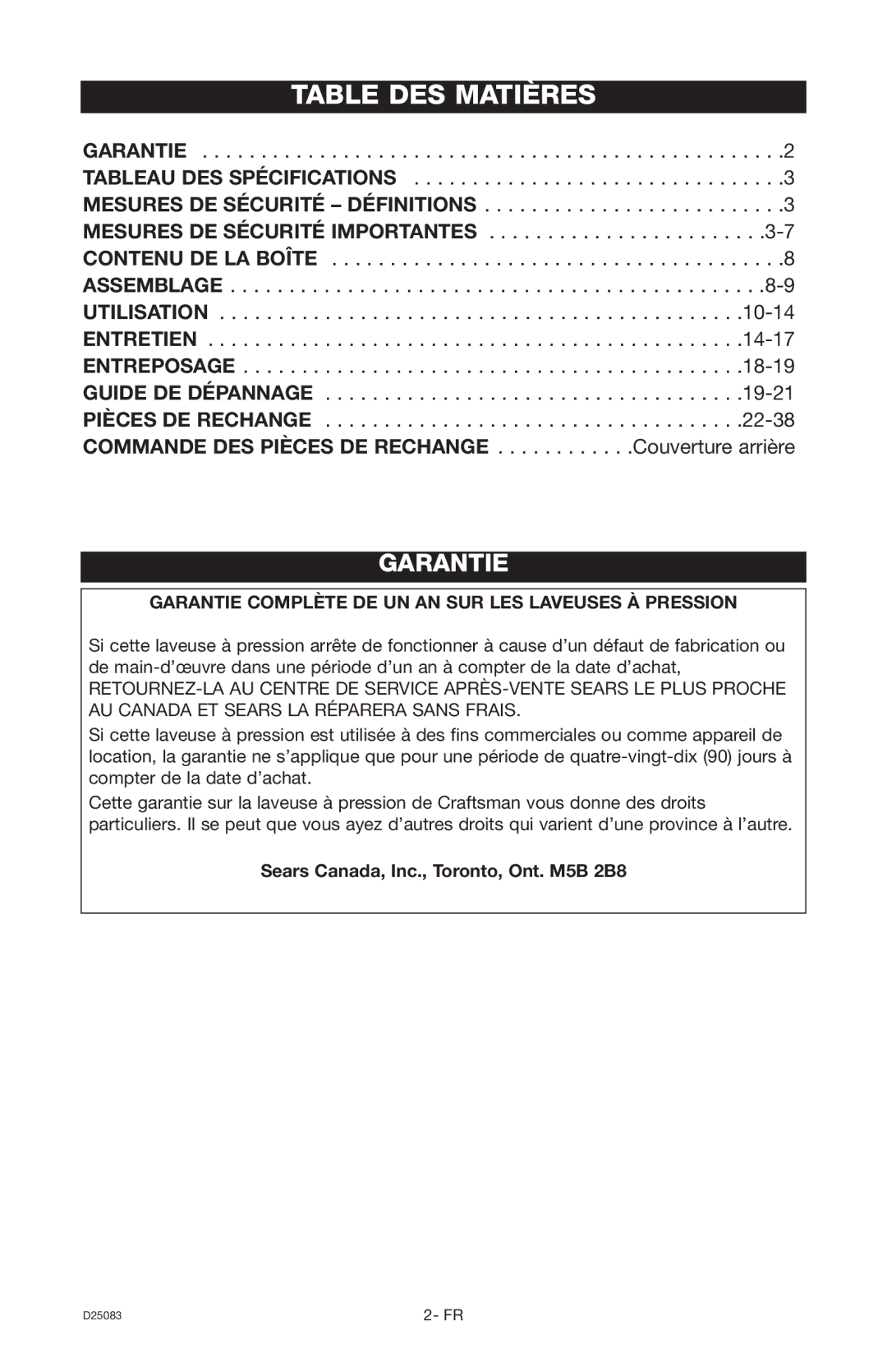 Craftsman 919.672240, D25083 owner manual Table DES Matières, Garantie 