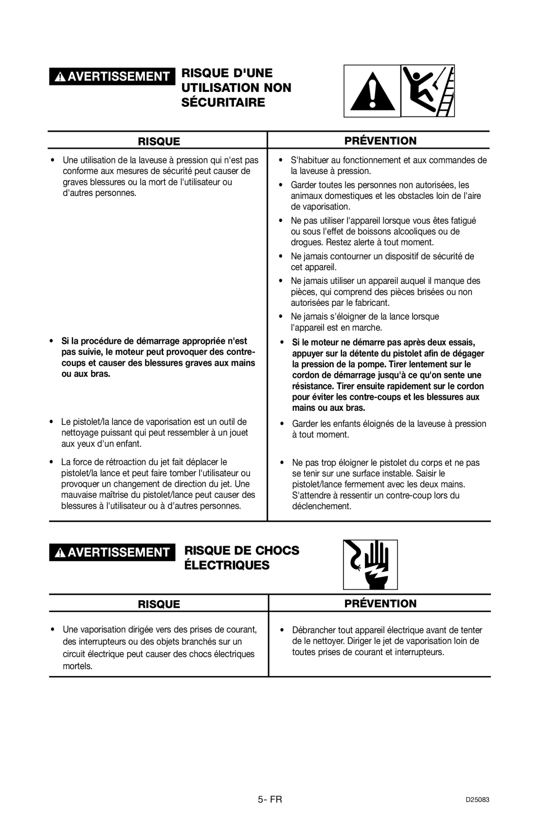 Craftsman D25083, 919.672240 owner manual Risque Dune Utilisation NON Sécuritaire, Risque DE Chocs Électriques 