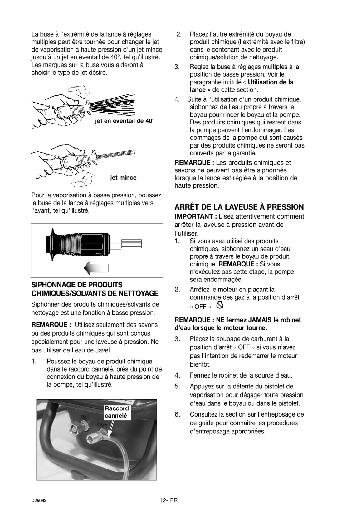 Craftsman 919.672240, D25083 Arrêt DE LA Laveuse À Pression, Siphonnage DE Produits CHIMIQUES/SOLVANTS DE Nettoyage 