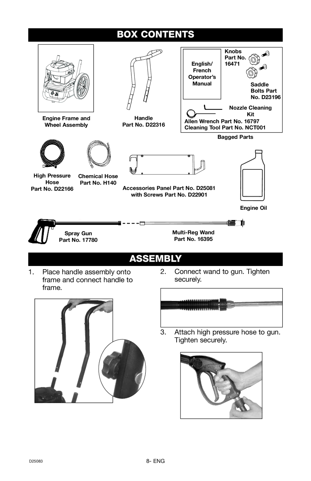 Craftsman D25083, 919.672240 owner manual BOX Contents, Assembly 