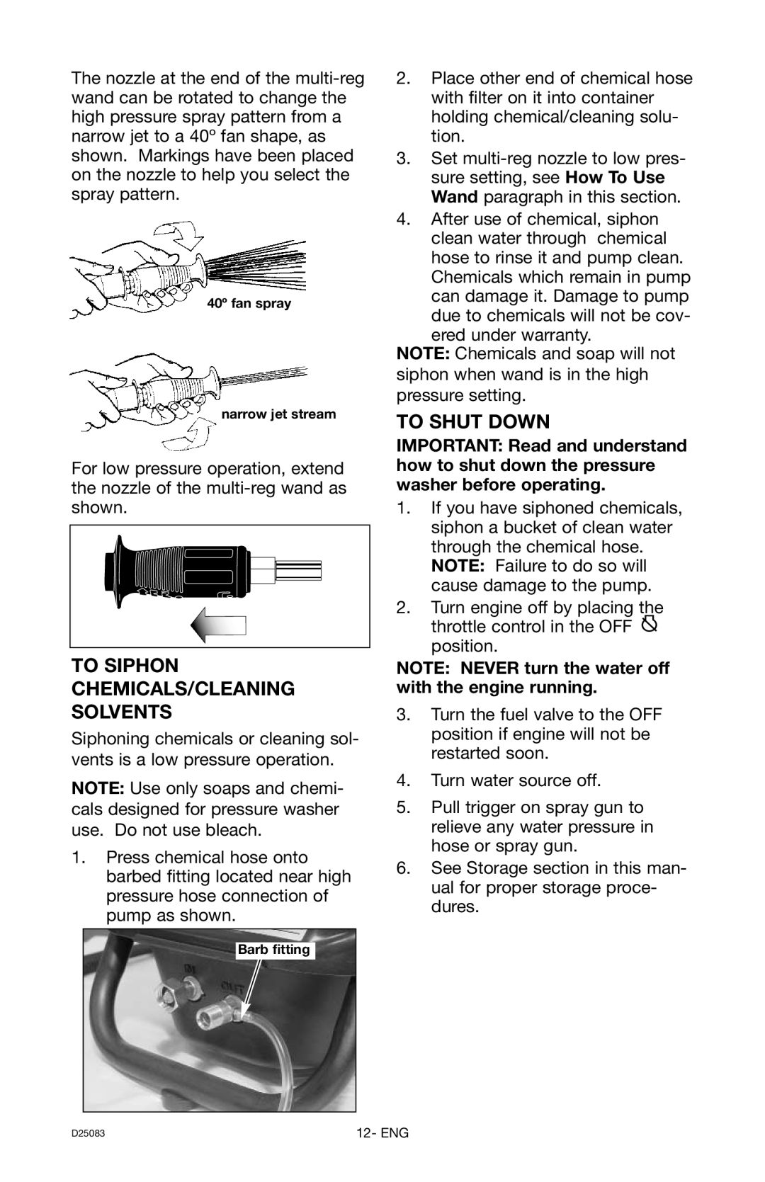 Craftsman D25083, 919.672240 owner manual To Siphon Chemicals/Cleaning Solvents, To Shut Down 