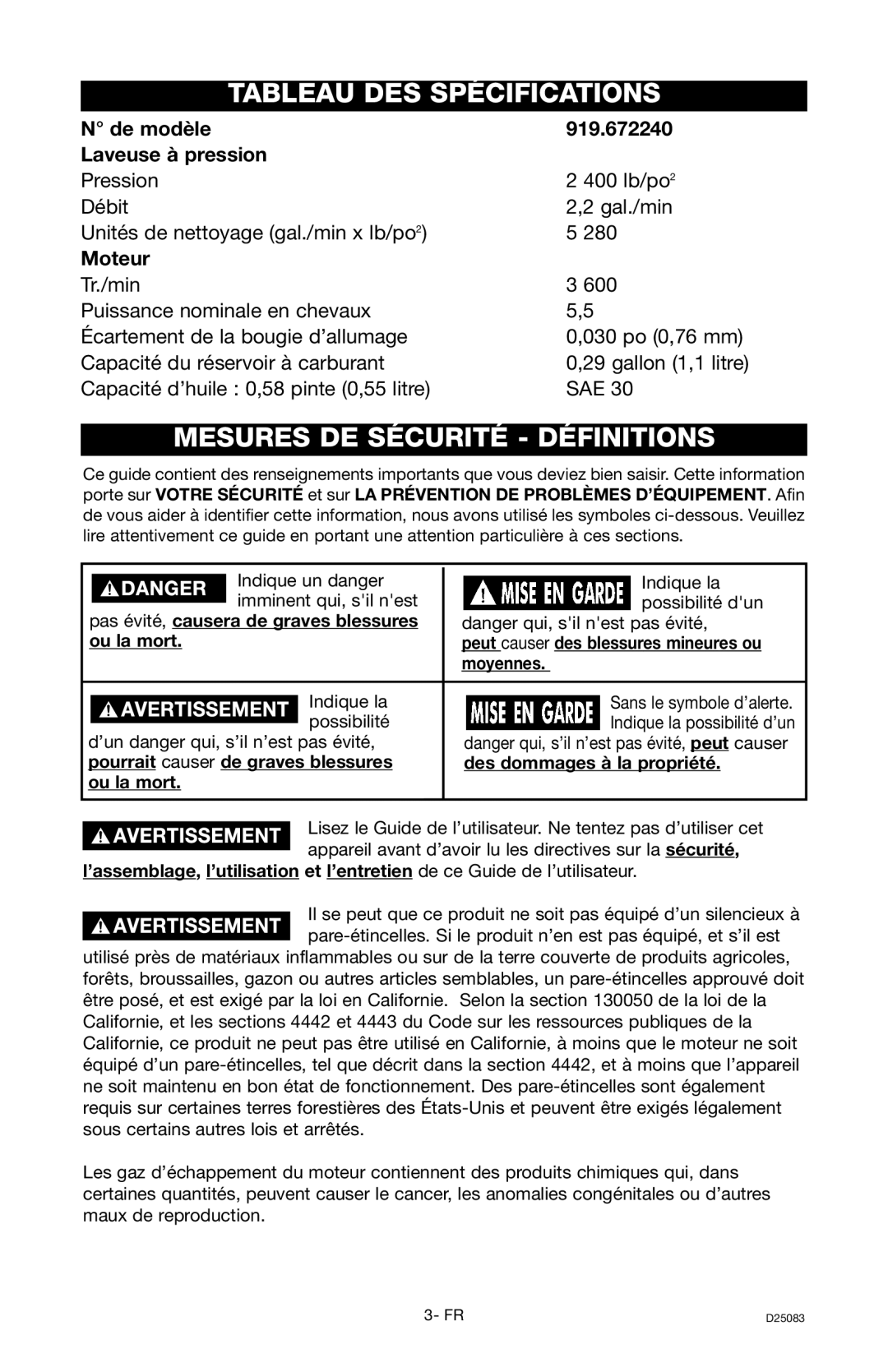 Craftsman D25083 Tableau Des Spécifications, Mesures De Sécurité - Définitions, N de modèle, 919.672240, Moteur 