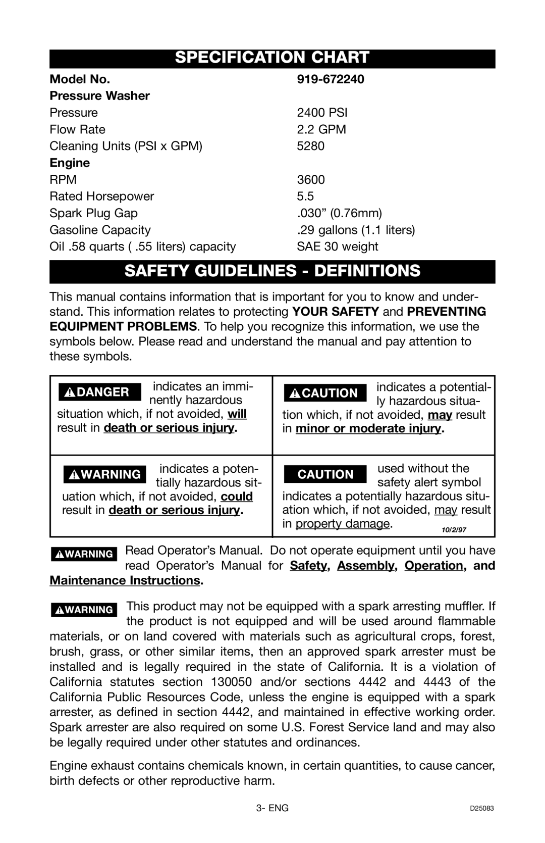 Craftsman 919.672240, D25083 owner manual Specification Chart, Safety Guidelines - Definitions 