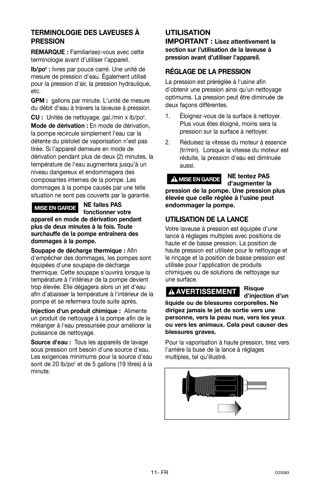 Craftsman D25083, 919.672240 Terminologie Des Laveuses À Pression, Réglage De La Pression, Utilisation De La Lance 