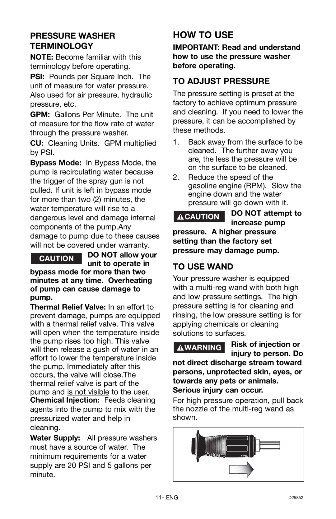 Craftsman 919.769060, D25852 owner manual Pressure Washer Terminology, To Adjust Pressure, To USE Wand 