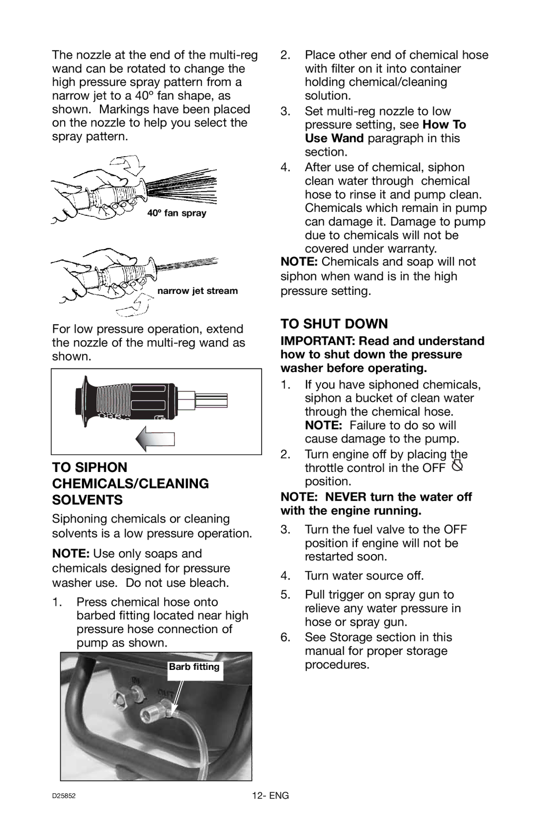 Craftsman D25852, 919.769060 owner manual To Siphon CHEMICALS/CLEANING Solvents, To Shut Down 