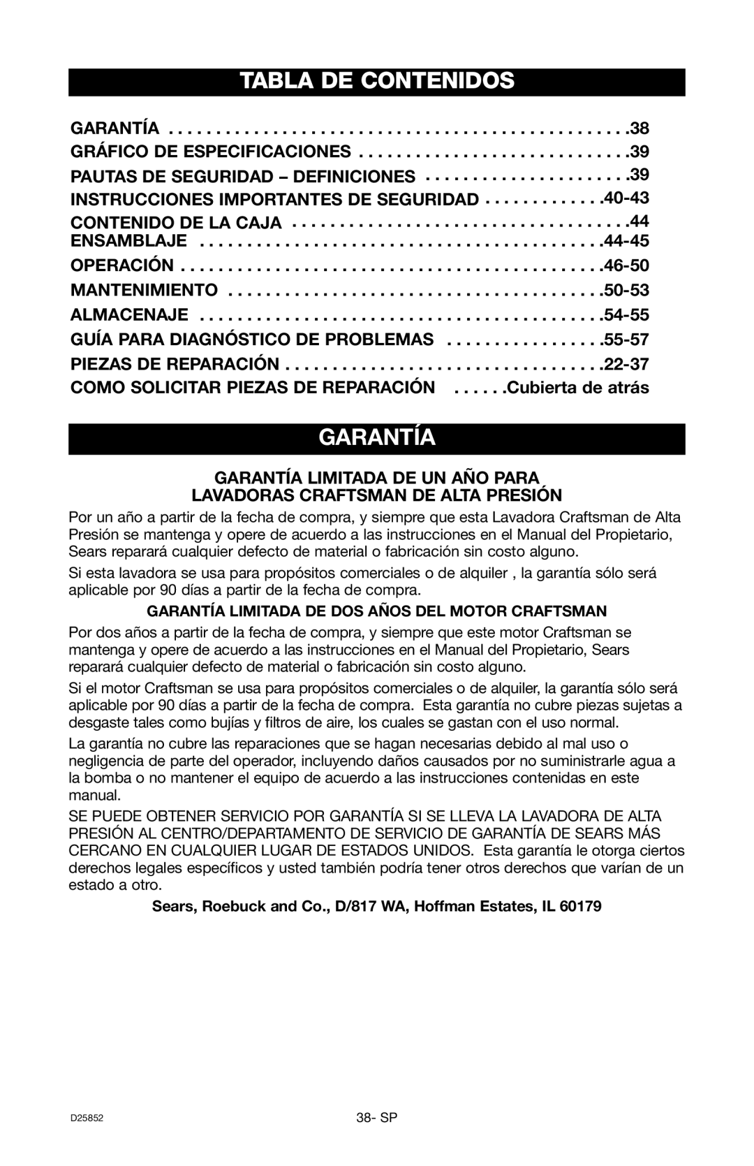 Craftsman D25852, 919.769060 owner manual Tabla DE Contenidos, Garantía 