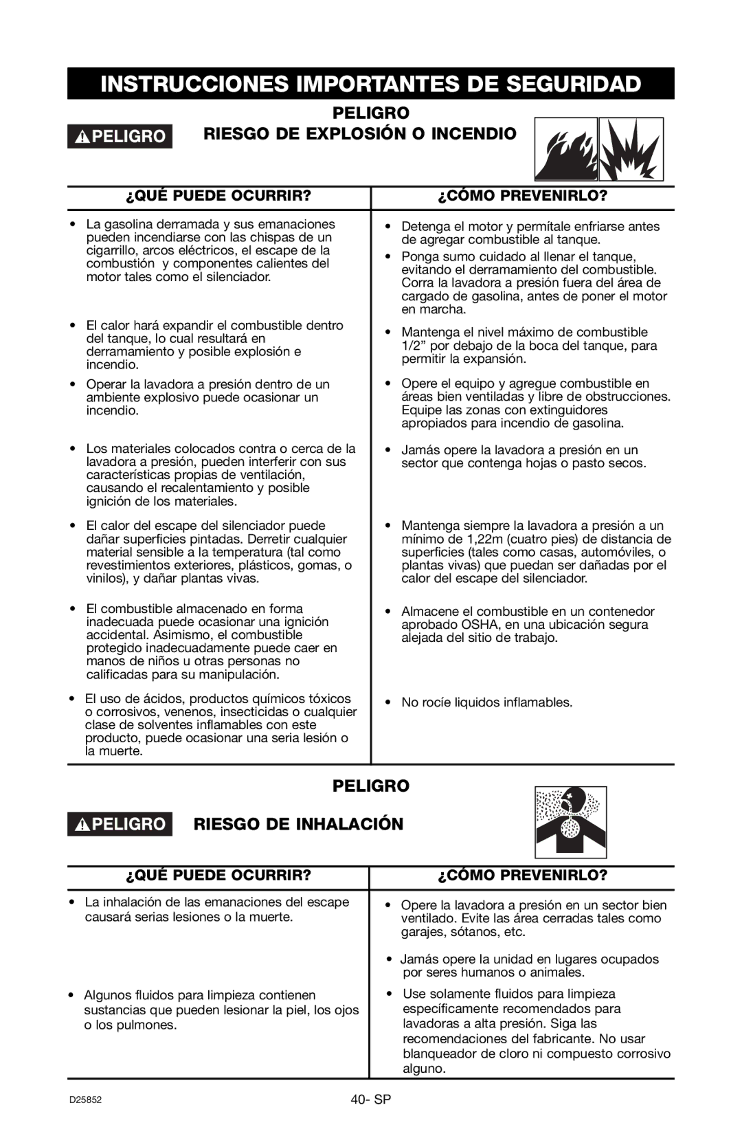 Craftsman D25852, 919.769060 owner manual Instrucciones Importantes DE Seguridad, Peligro Riesgo DE Explosión O Incendio 