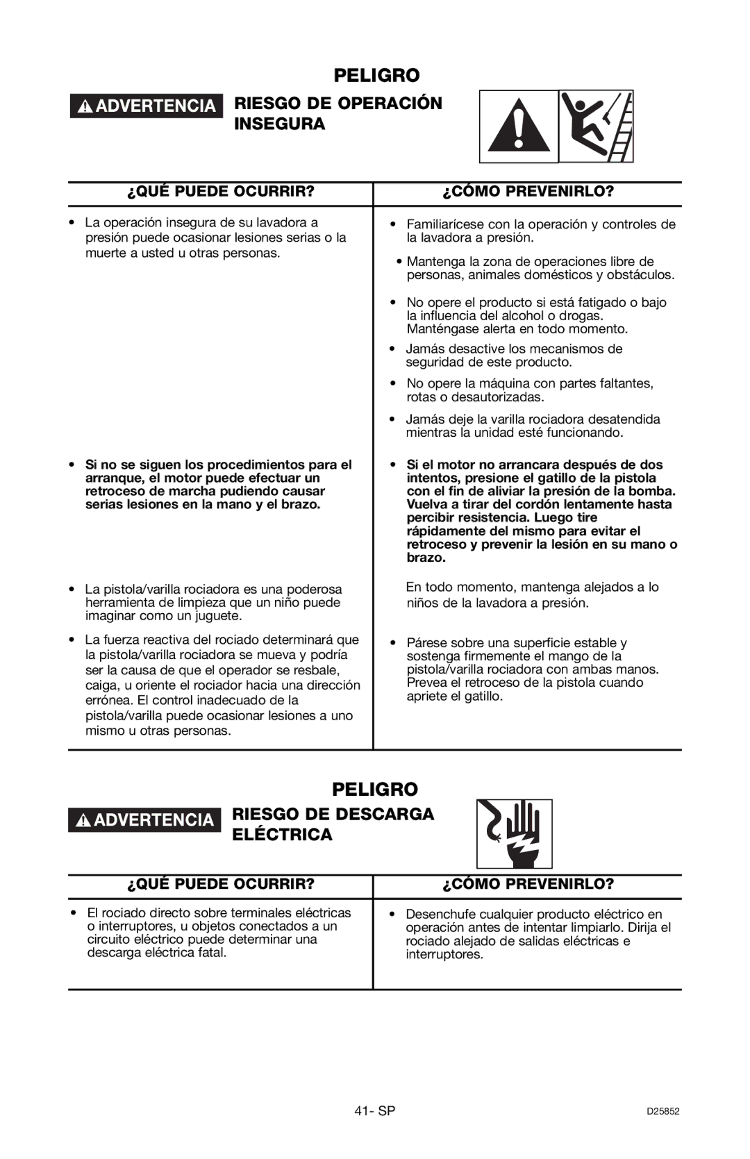 Craftsman 919.769060, D25852 owner manual Peligro, Riesgo DE Operación Insegura, Riesgo DE Descarga Eléctrica 