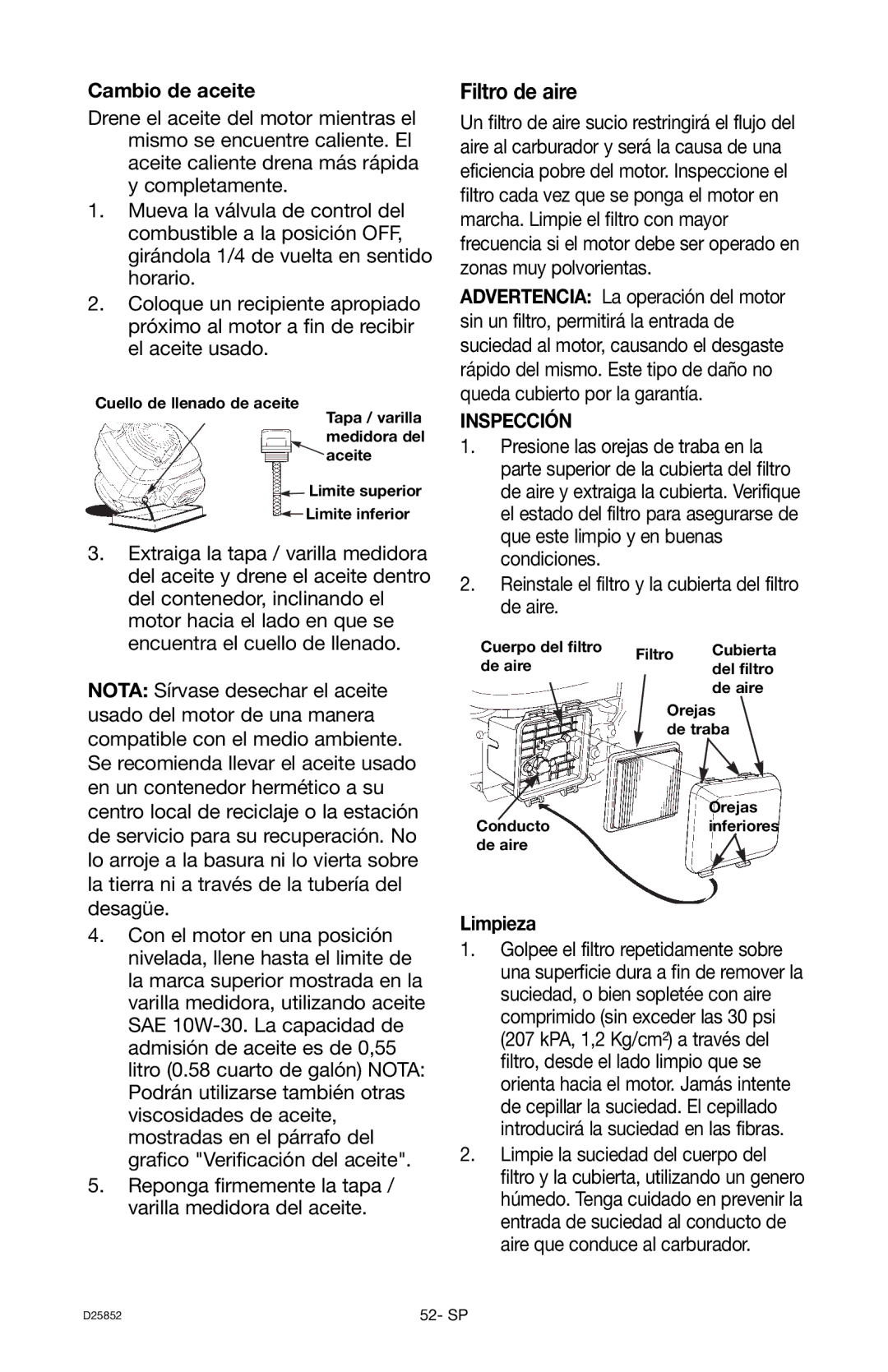 Craftsman D25852, 919.769060 owner manual Cambio de aceite, Inspección, Limpieza 