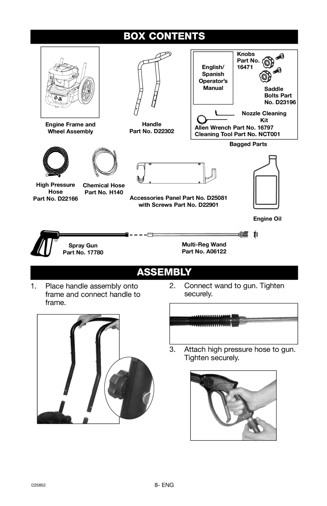 Craftsman D25852, 919.769060 owner manual BOX Contents, Assembly 