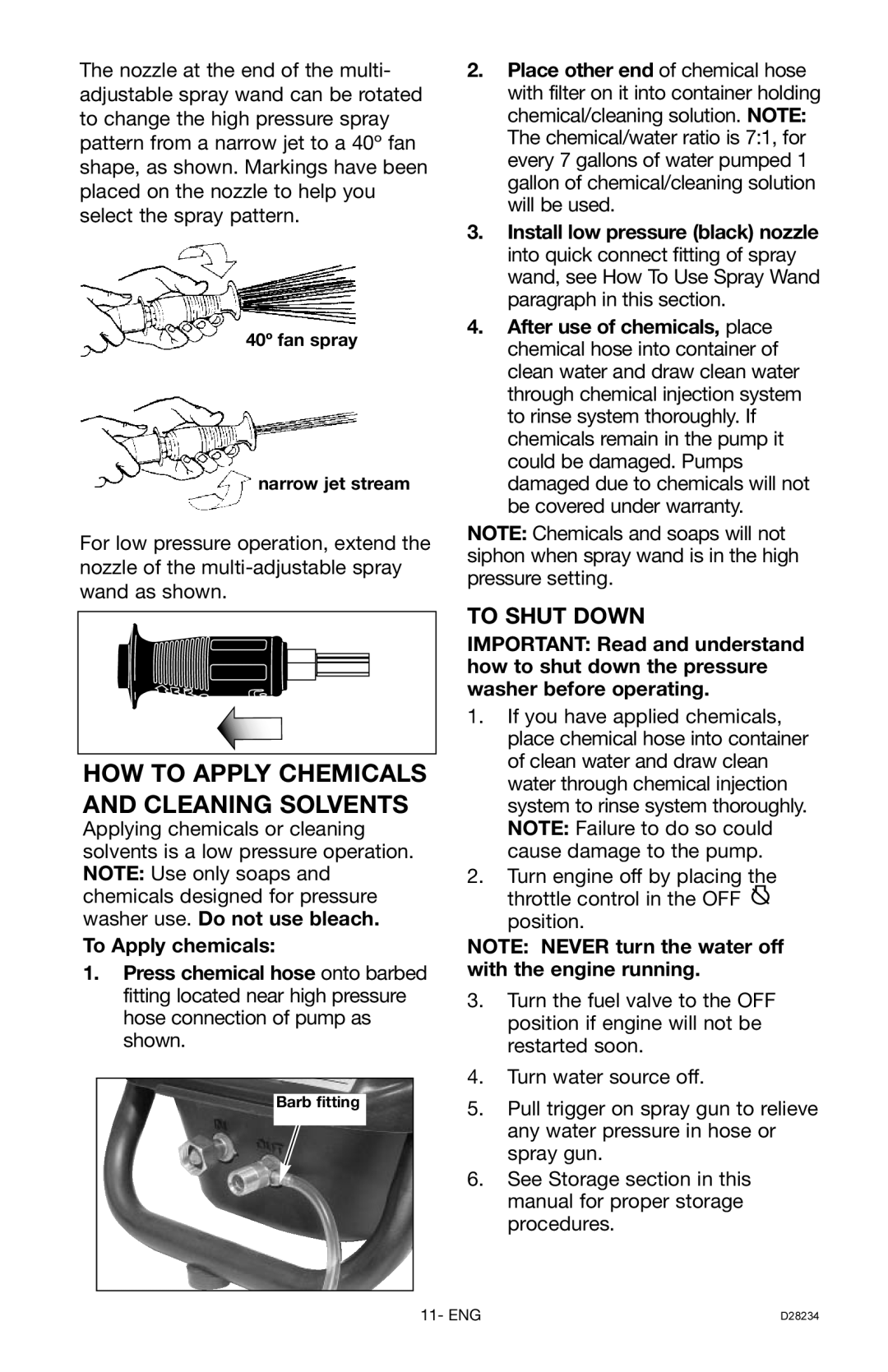 Craftsman 919.769062, D28234 owner manual HOW to Apply Chemicals and Cleaning Solvents, To Shut Down 