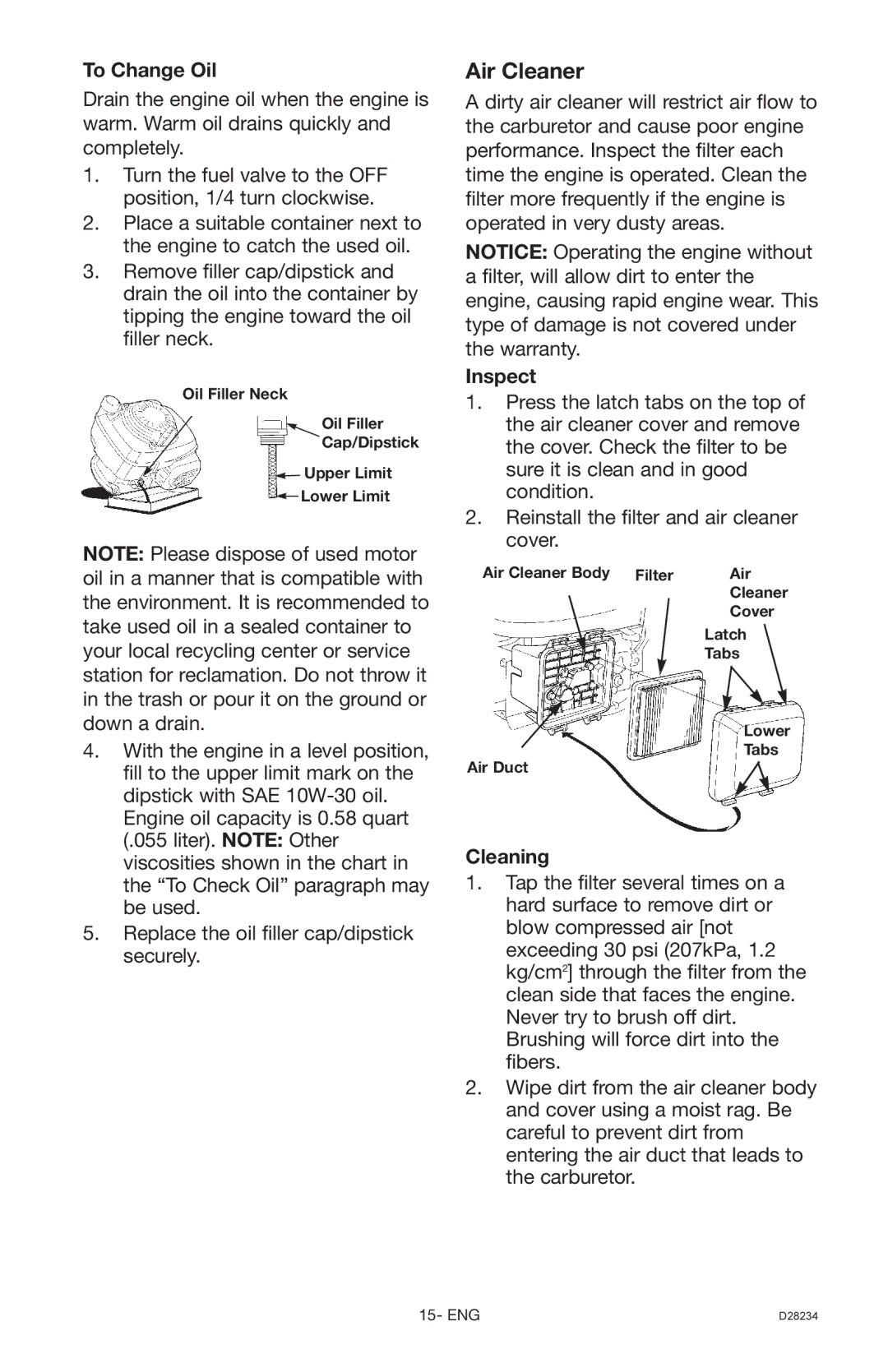 Craftsman 919.769062, D28234 owner manual To Change Oil, Inspect, Cleaning 