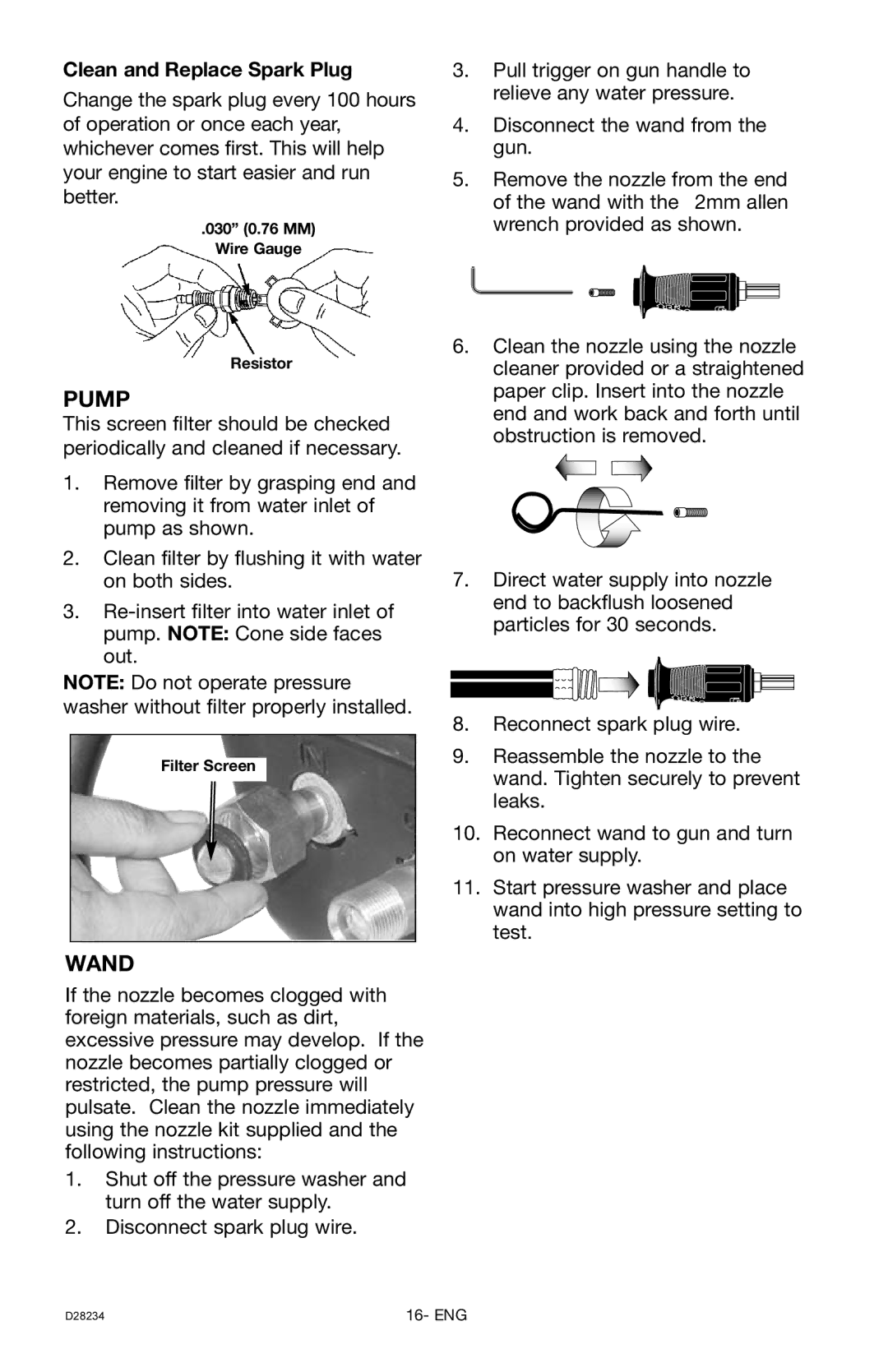 Craftsman D28234, 919.769062 owner manual Pump, Wand, Clean and Replace Spark Plug 