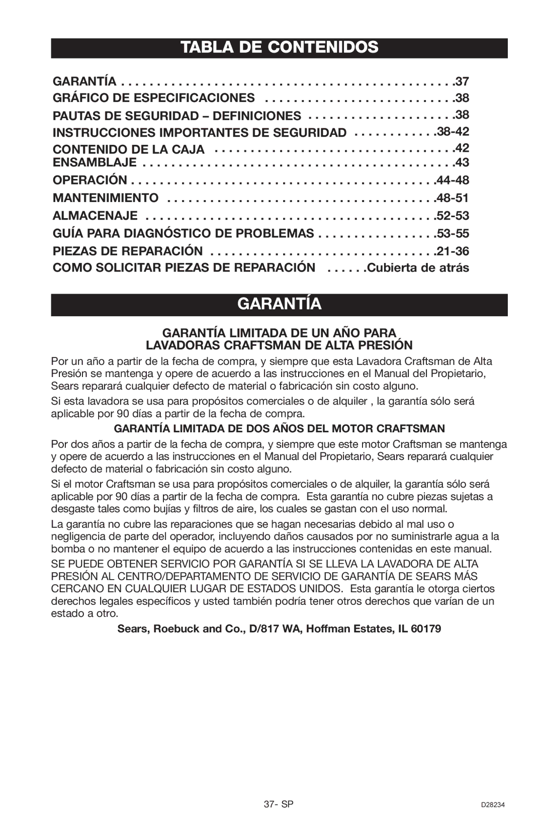 Craftsman 919.769062, D28234 owner manual Tabla DE Contenidos, Garantía 