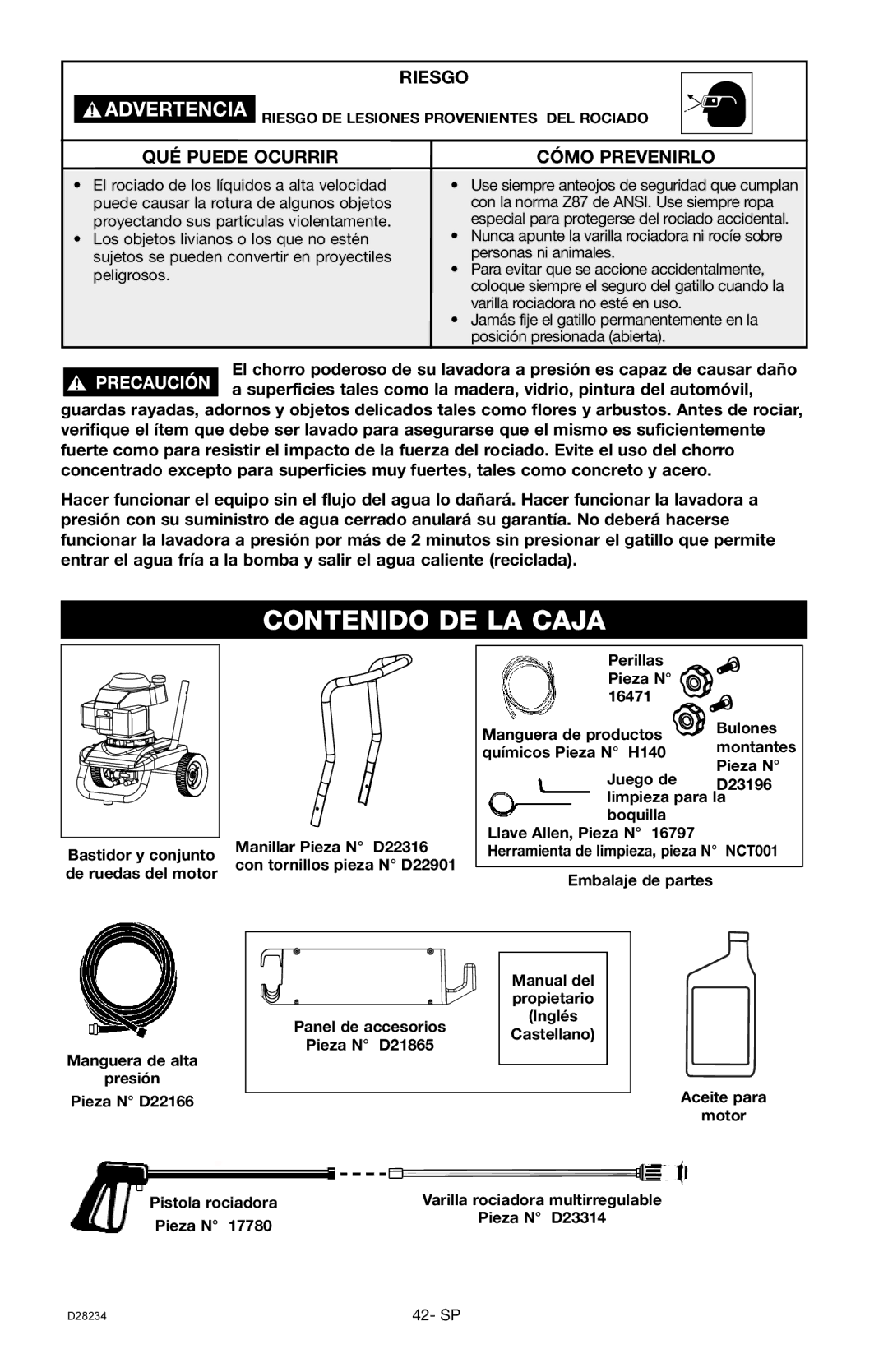 Craftsman D28234, 919.769062 owner manual Contenido DE LA Caja 