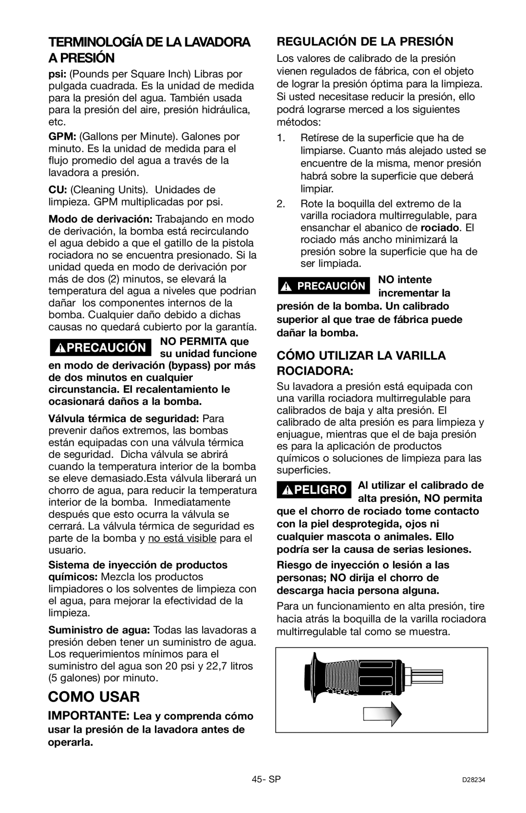 Craftsman 919.769062 Terminología DE LA Lavadora a Presión, Regulación DE LA Presión, Cómo Utilizar LA Varilla Rociadora 