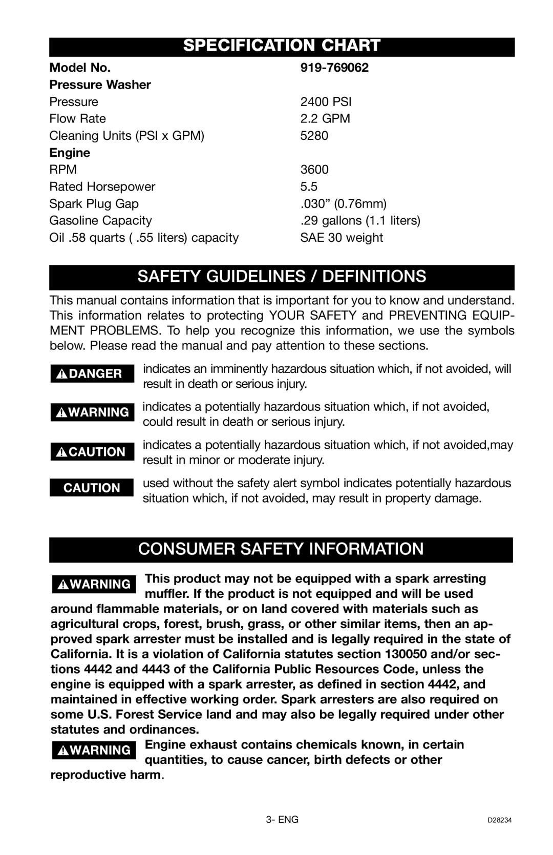 Craftsman 919.769062, D28234 owner manual Specification Chart, Model No 919-769062 Pressure Washer, Engine 