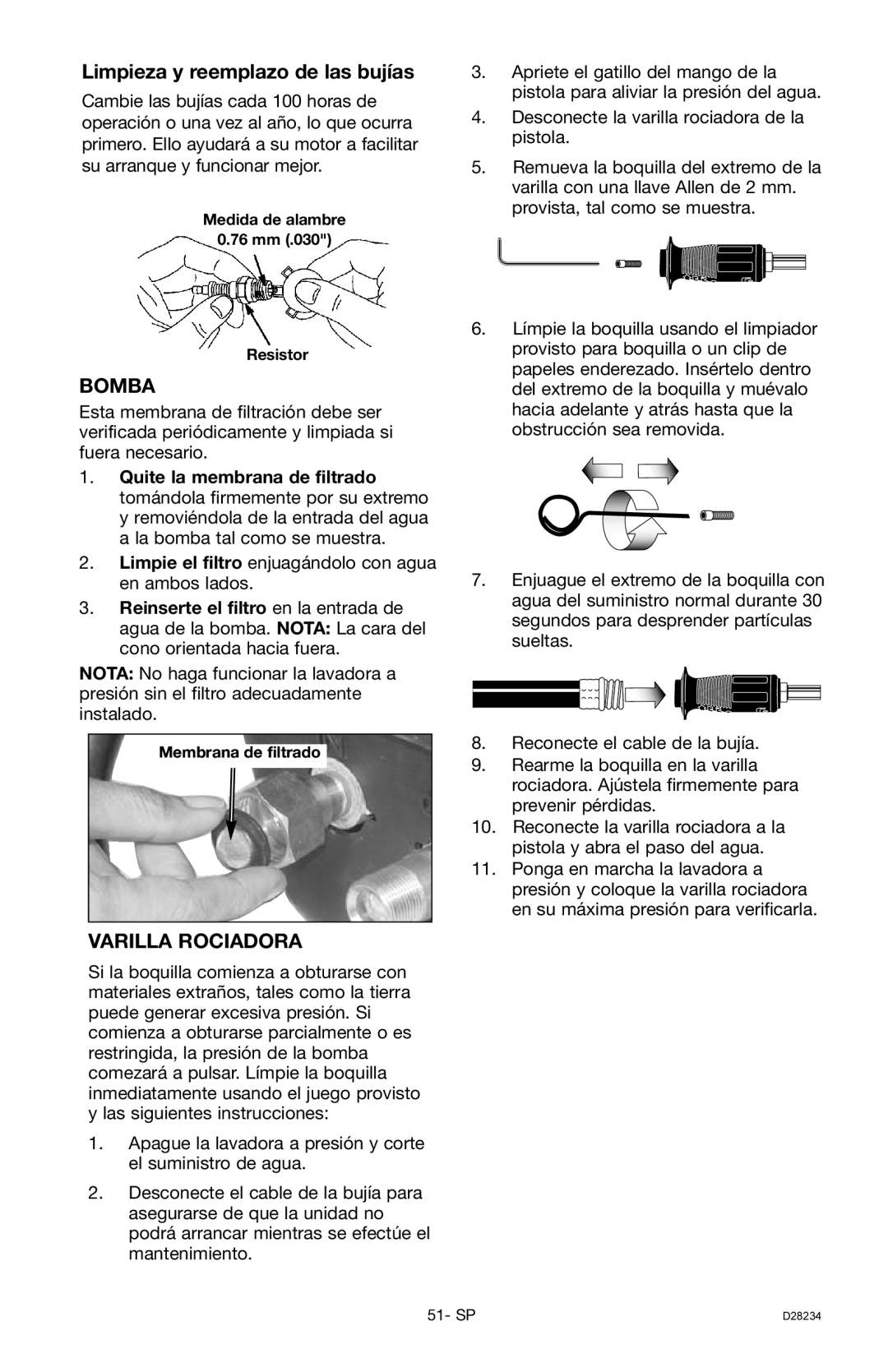 Craftsman 919.769062, D28234 owner manual Limpieza y reemplazo de las bujías, Bomba, Varilla Rociadora 