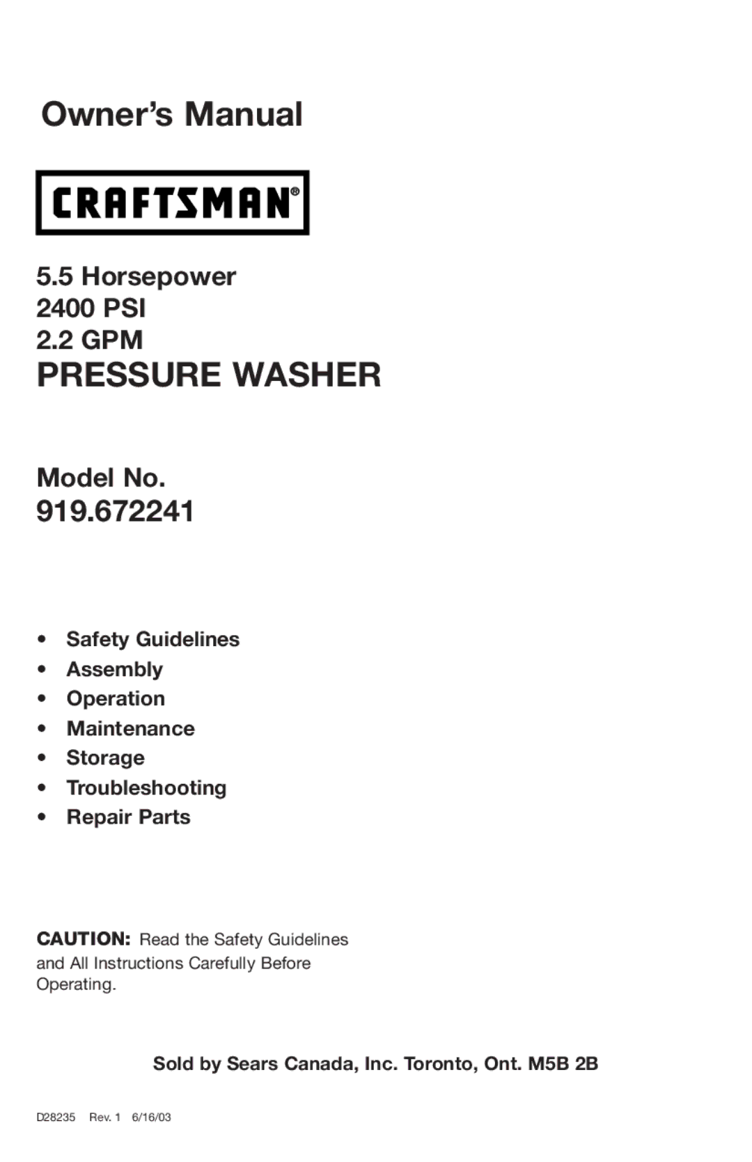 Craftsman 919.672241, D28235 owner manual Pressure Washer 