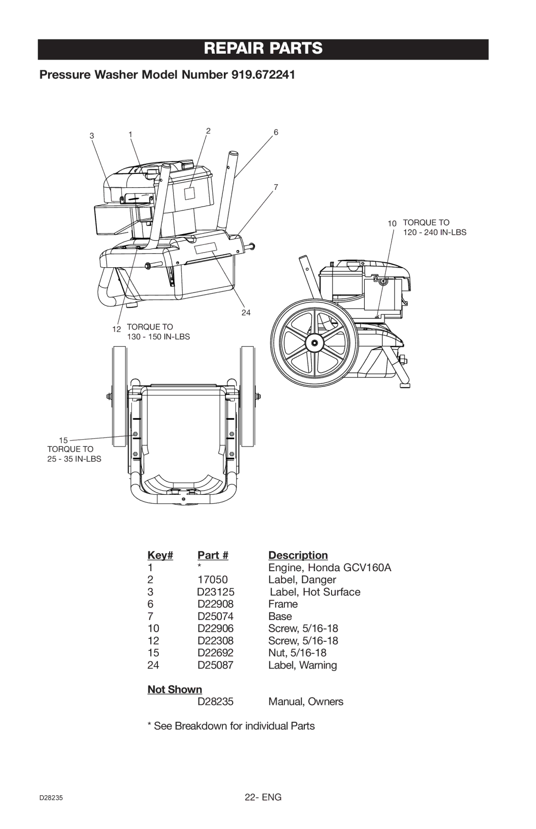 Craftsman D28235, 919.672241 owner manual Not Shown 