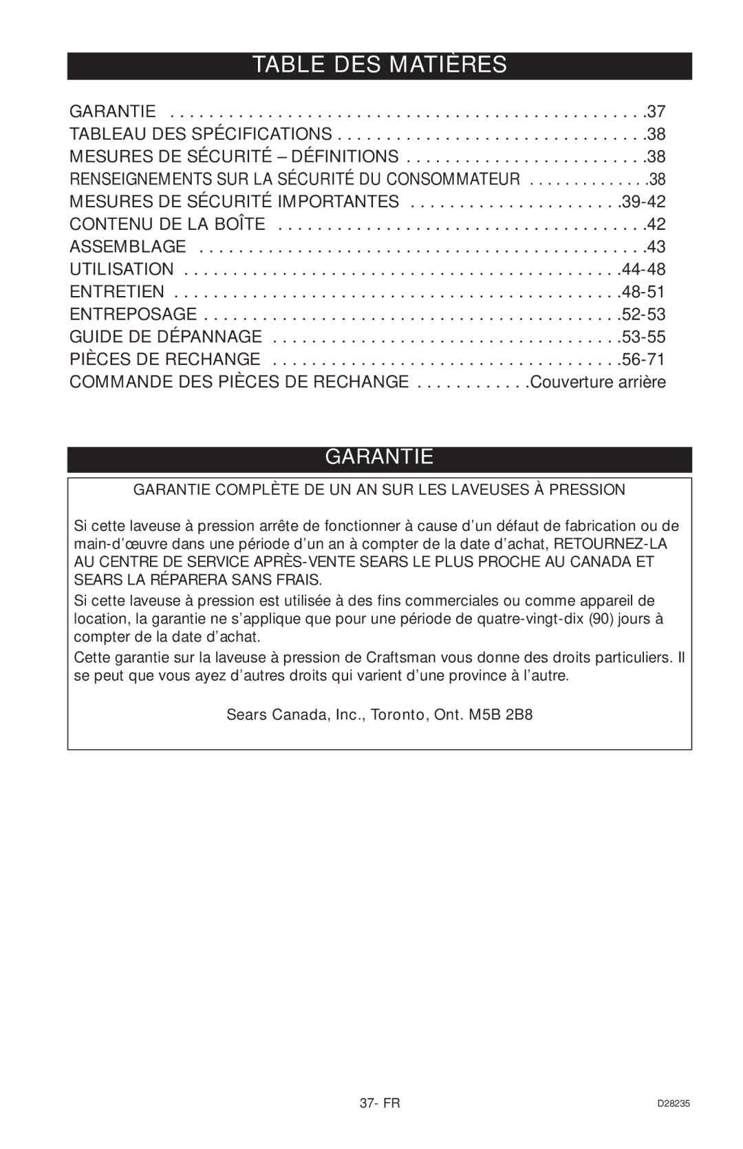 Craftsman 919.672241, D28235 owner manual Table DES Matières, Garantie Complète DE UN AN SUR LES Laveuses À Pression 