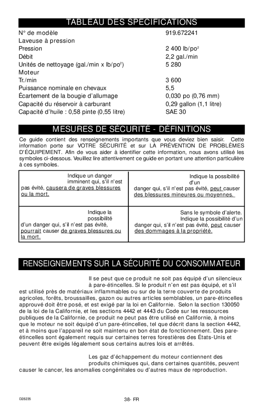 Craftsman D28235 Tableau DES Spécifications, Mesures DE Sécurité Définitions, De modèle 919.672241 Laveuse à pression 