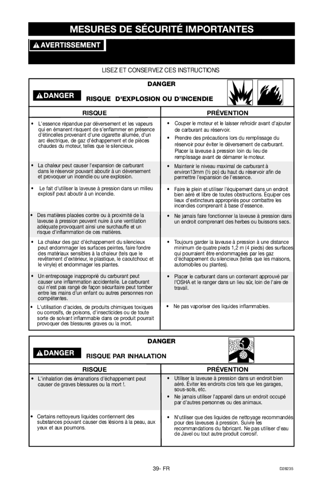 Craftsman 919.672241, D28235 owner manual Mesures DE Sécurité Importantes, Risque Dexplosion OU D’INCENDIE, Prévention 