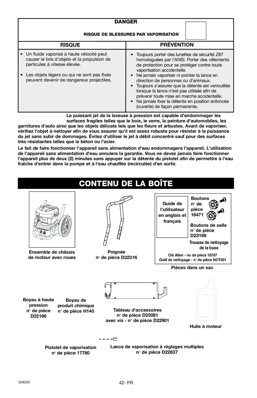 Craftsman D28235, 919.672241 owner manual Contenu DE LA Boîte, Risque Prévention 