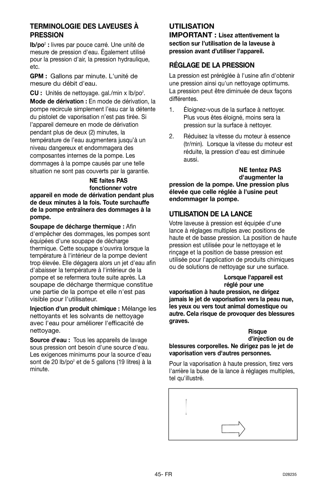 Craftsman 919.672241, D28235 Terminologie DES Laveuses À Pression, Réglage DE LA Pression, Utilisation DE LA Lance 