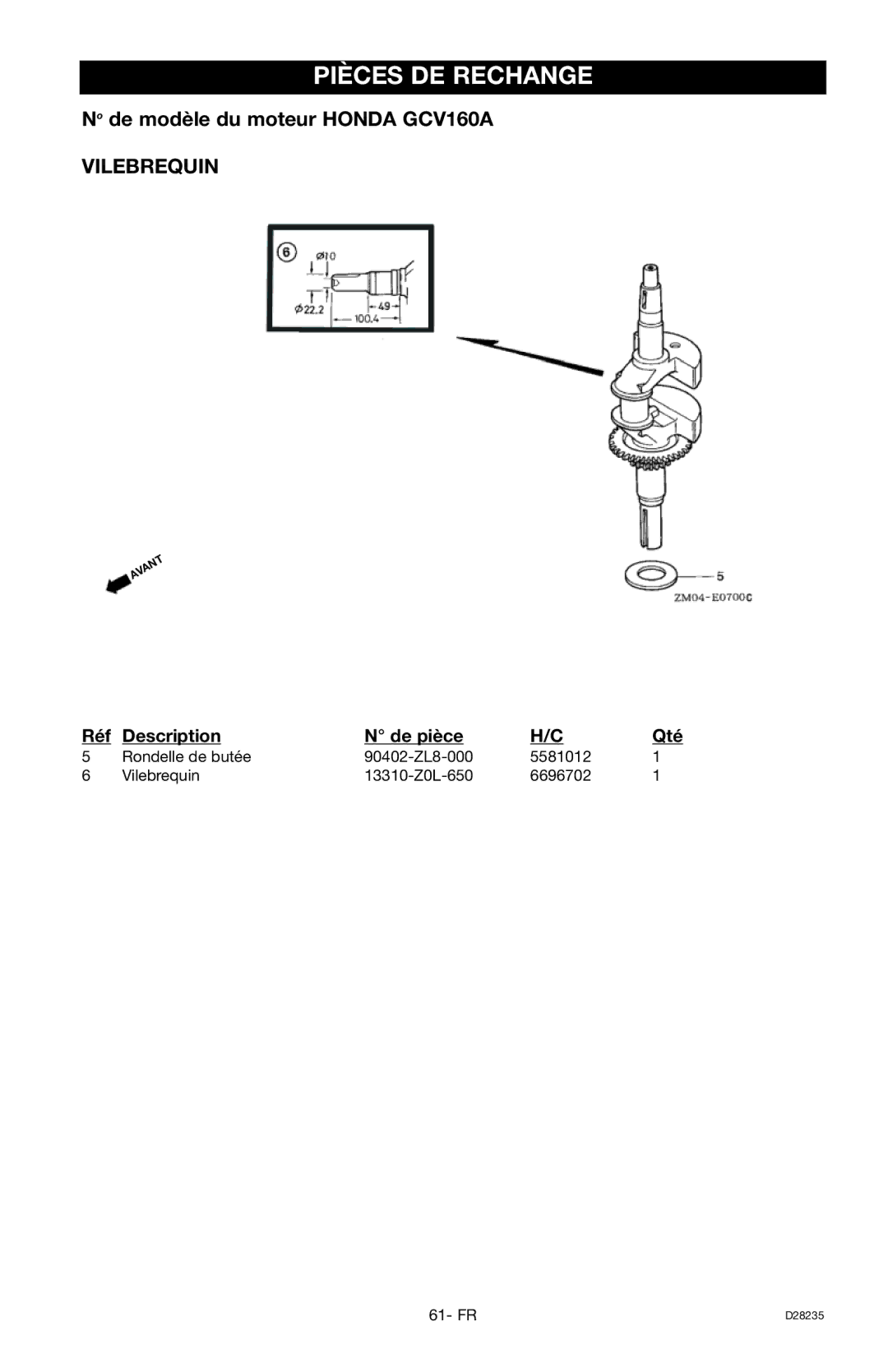 Craftsman 919.672241, D28235 owner manual Vilebrequin 