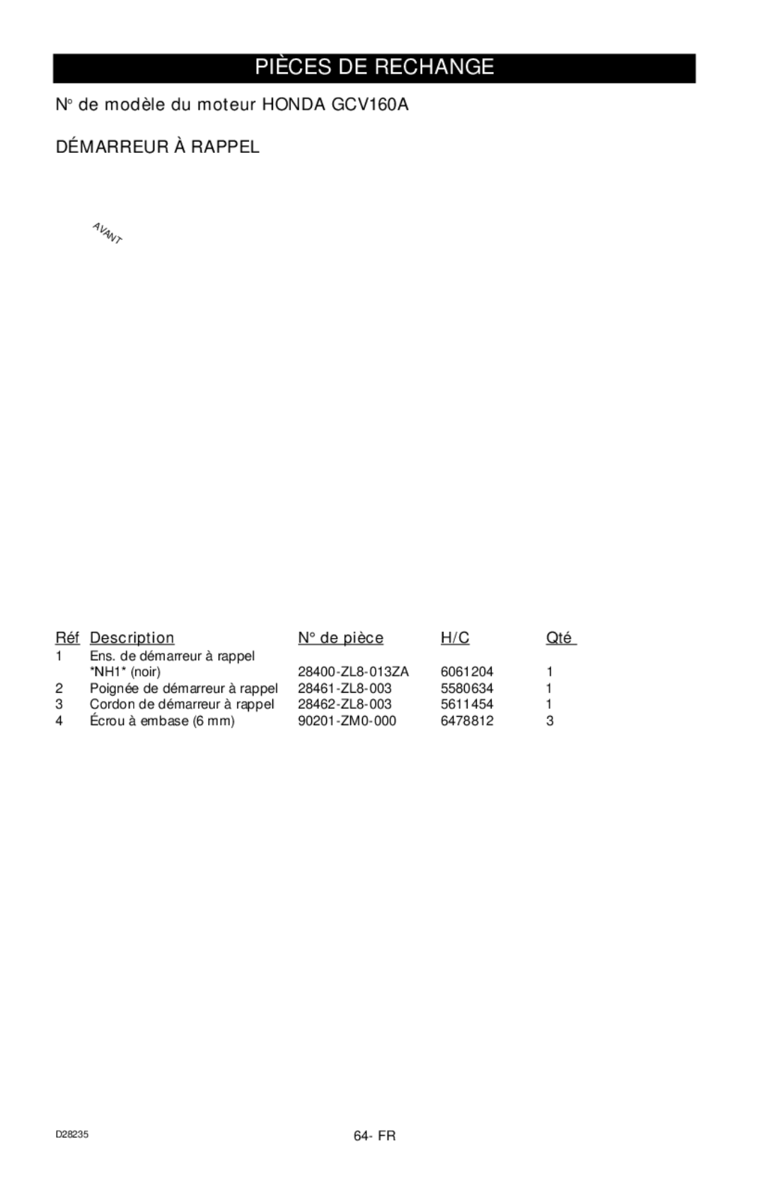 Craftsman D28235, 919.672241 owner manual Démarreur À Rappel 