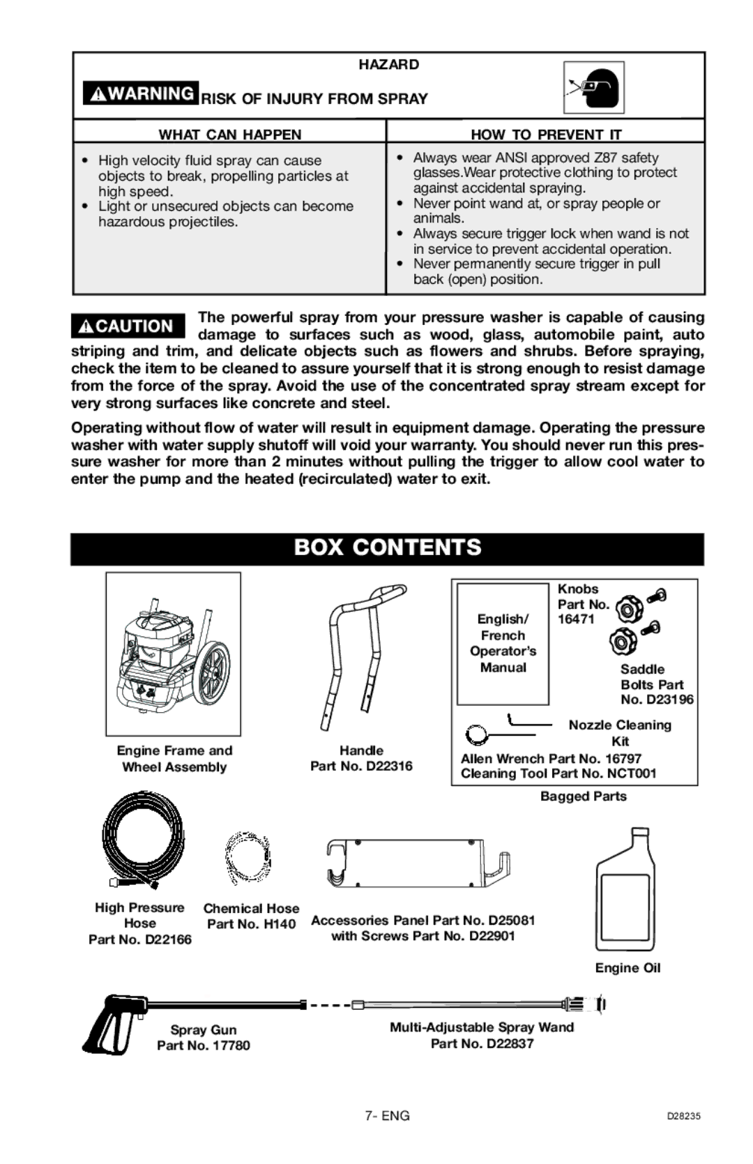 Craftsman 919.672241, D28235 owner manual BOX Contents 