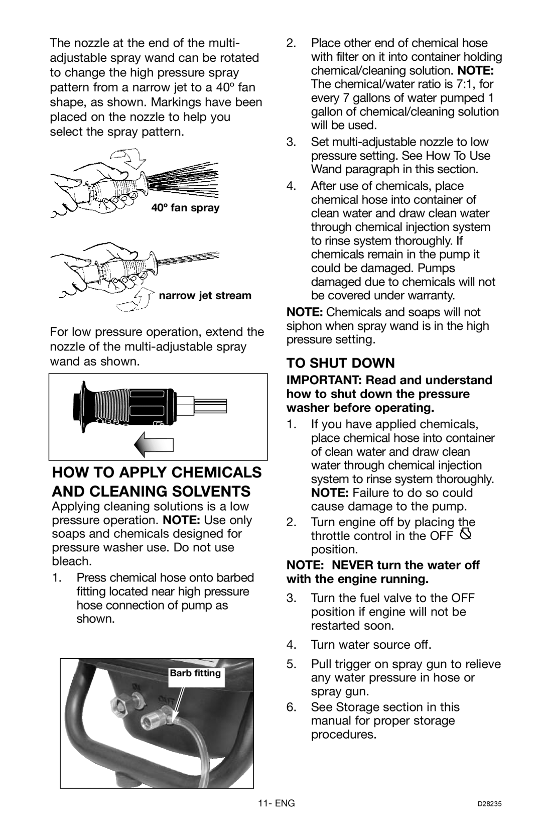 Craftsman 919.672241, D28235 owner manual How To Apply Chemicals And Cleaning Solvents, To Shut Down 