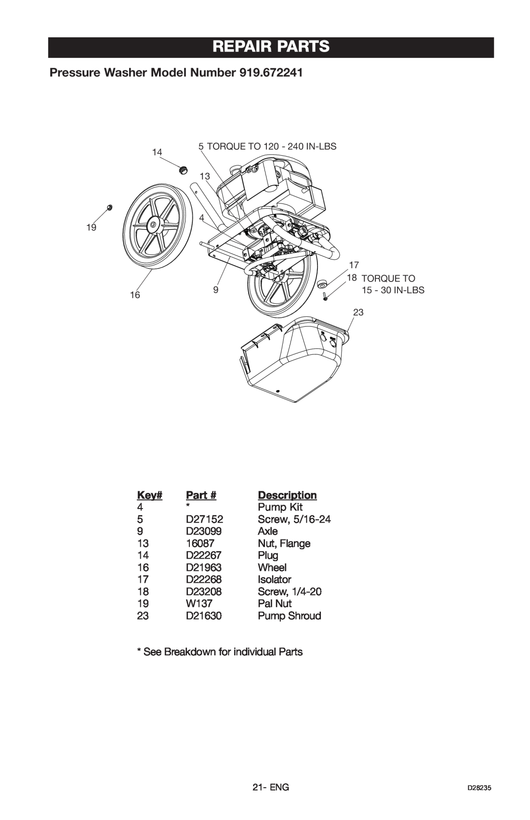 Craftsman 919.672241, D28235 owner manual Repair Parts, Pressure Washer Model Number, Key#, Description 