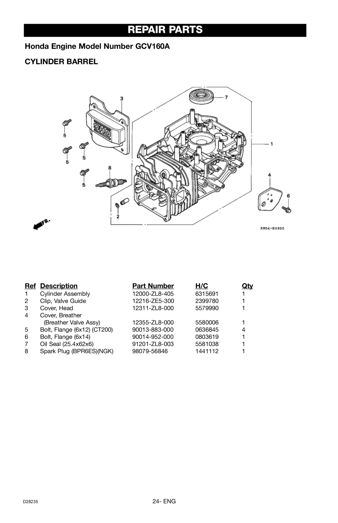 Craftsman D28235, 919.672241 Repair Parts, Honda Engine Model Number GCV160A CYLINDER BARREL, Description, Part Number 