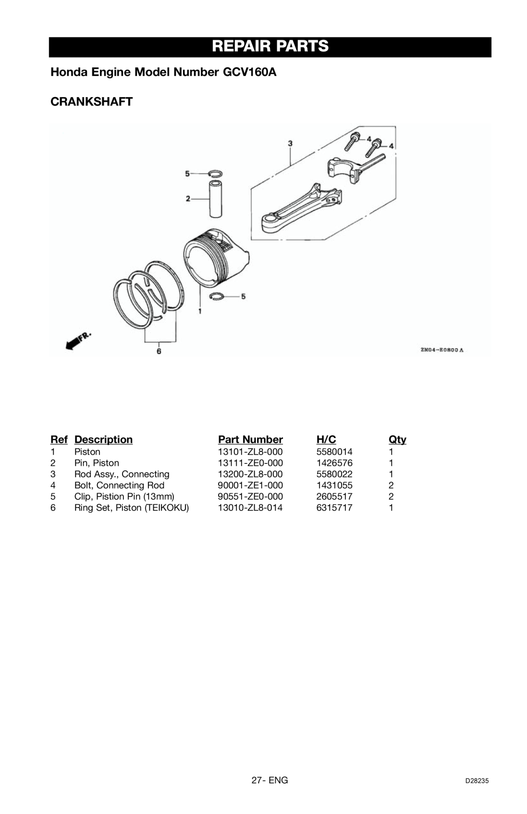 Craftsman 919.672241, D28235 owner manual Repair Parts, Description, Part Number, Piston 