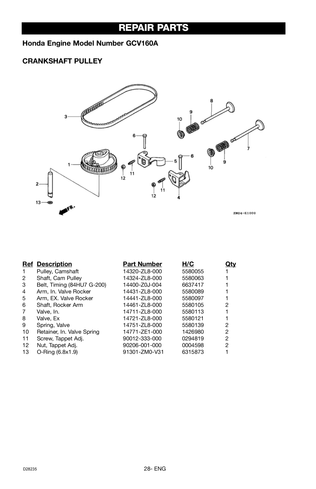 Craftsman D28235, 919.672241 Repair Parts, Honda Engine Model Number GCV160A, Crankshaft Pulley, Description, Part Number 