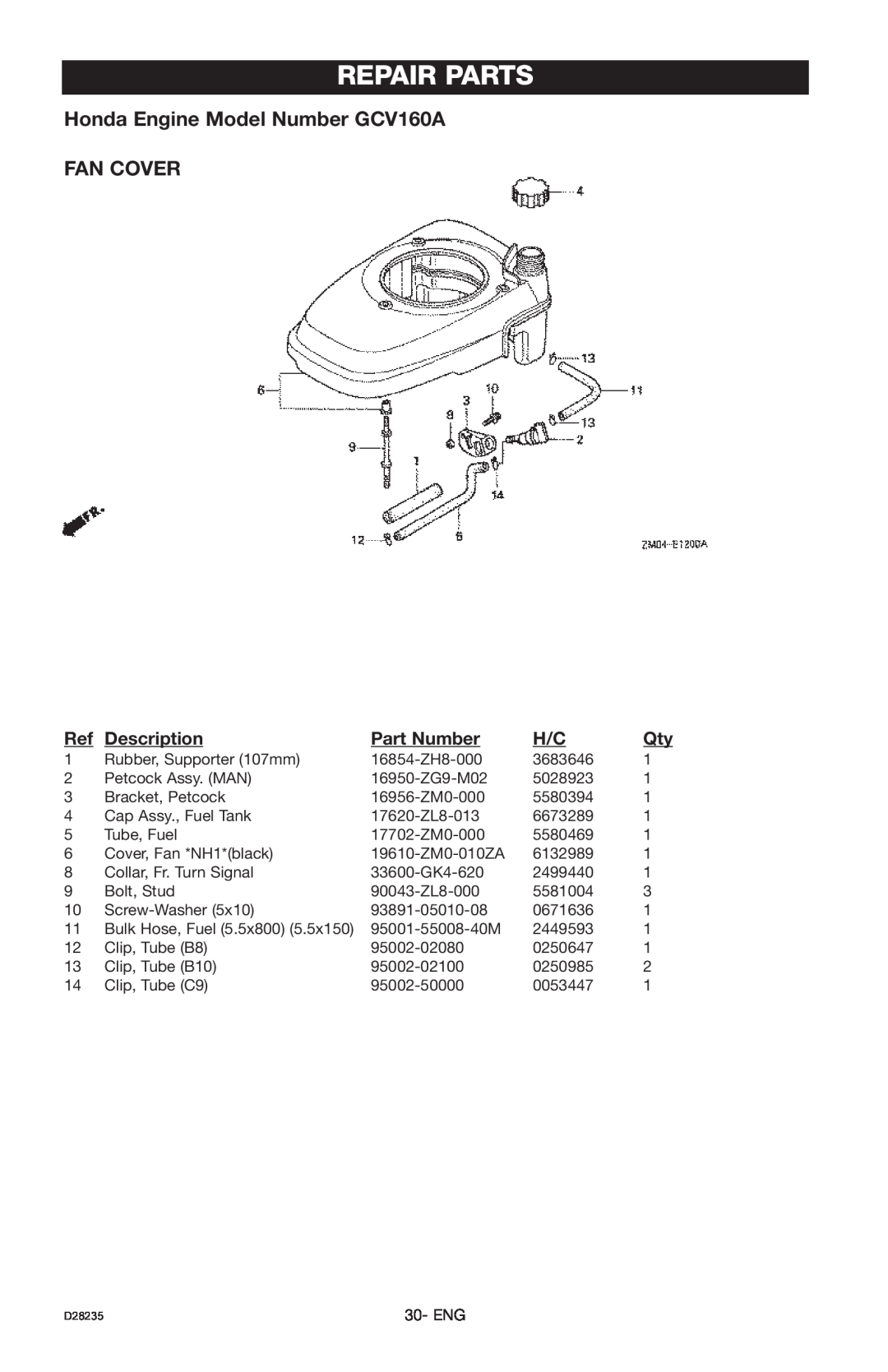Craftsman D28235, 919.672241 Repair Parts, Honda Engine Model Number GCV160A FAN COVER, Description, Part Number 