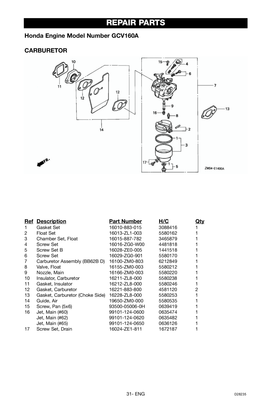 Craftsman 919.672241, D28235 Repair Parts, Honda Engine Model Number GCV160A CARBURETOR, Description, Part Number 