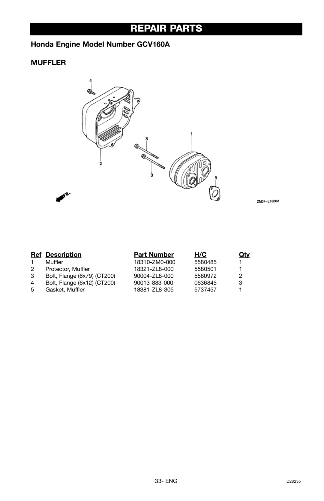 Craftsman 919.672241, D28235 owner manual Repair Parts, Honda Engine Model Number GCV160A MUFFLER, Description, Part Number 