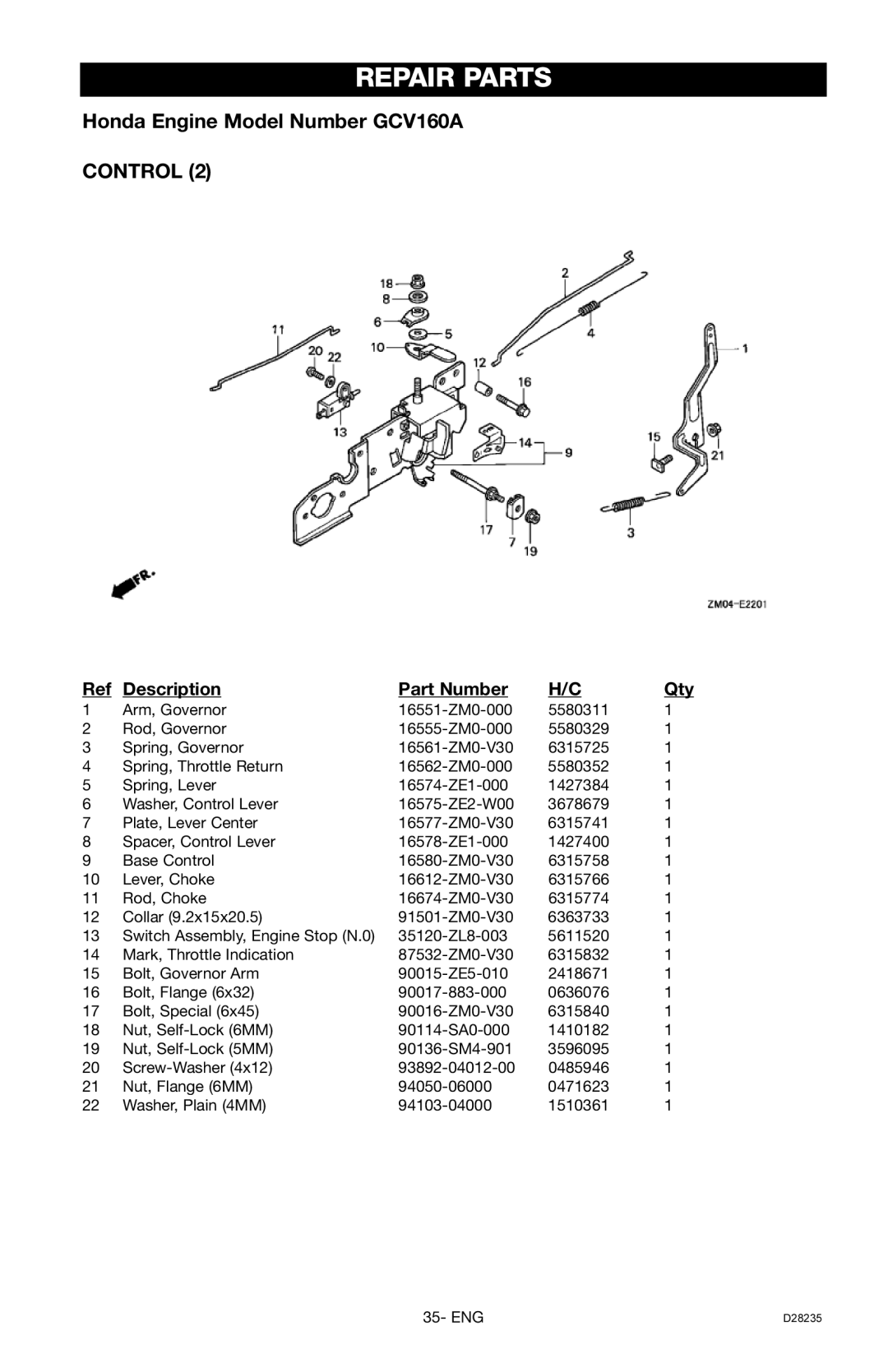 Craftsman 919.672241, D28235 owner manual Repair Parts, Honda Engine Model Number GCV160A CONTROL, Description, Part Number 