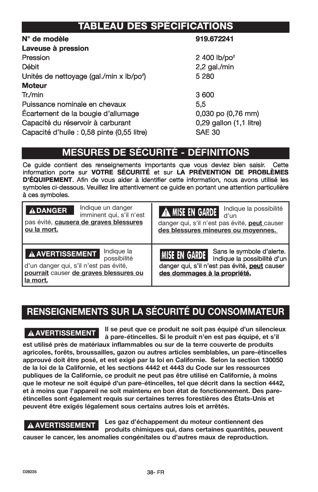 Craftsman D28235 Tableau Des Spécifications, Mesures De Sécurité - Définitions, N de modèle, 919.672241, Moteur 