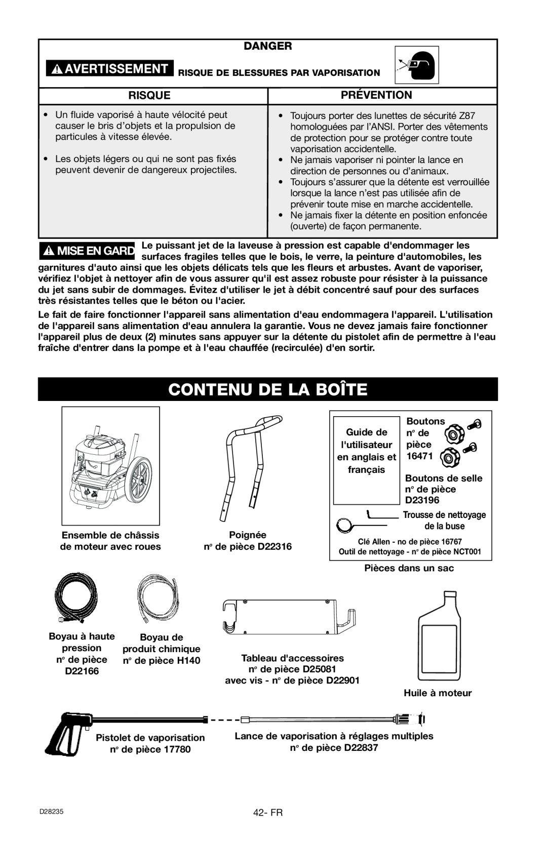 Craftsman D28235, 919.672241 owner manual Contenu De La Boîte, Danger, Risque, Prévention 