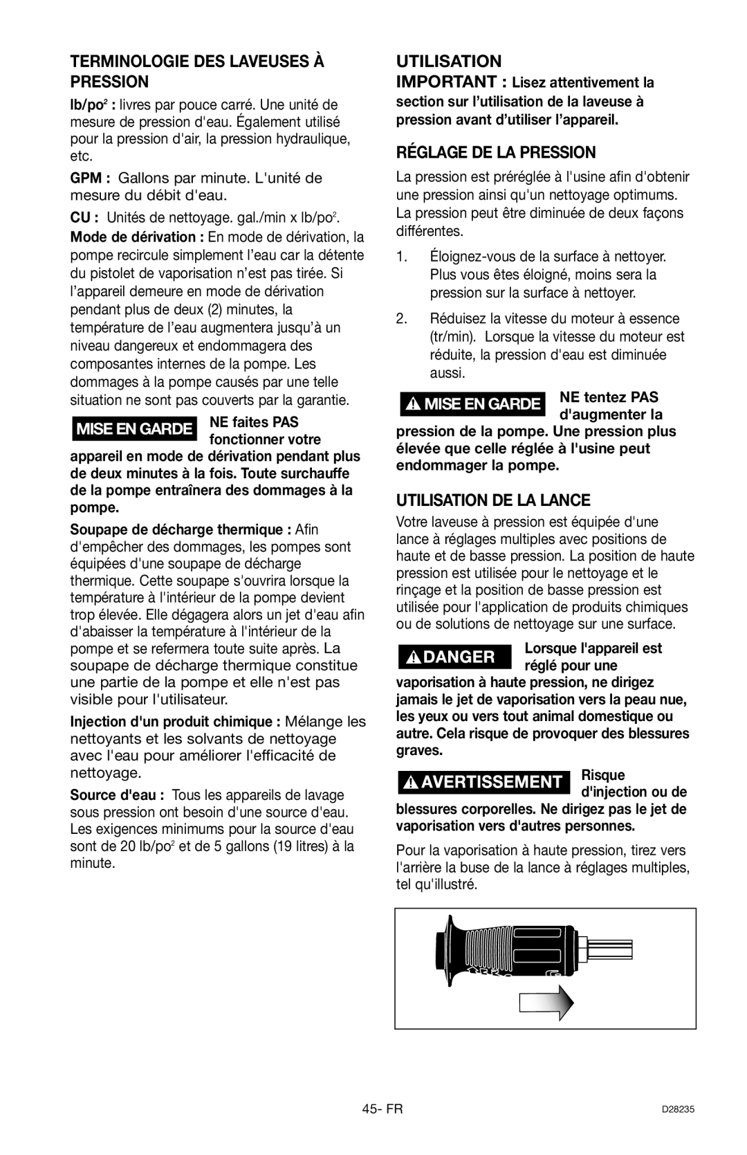 Craftsman 919.672241, D28235 Terminologie Des Laveuses À Pression, Réglage De La Pression, Utilisation De La Lance 