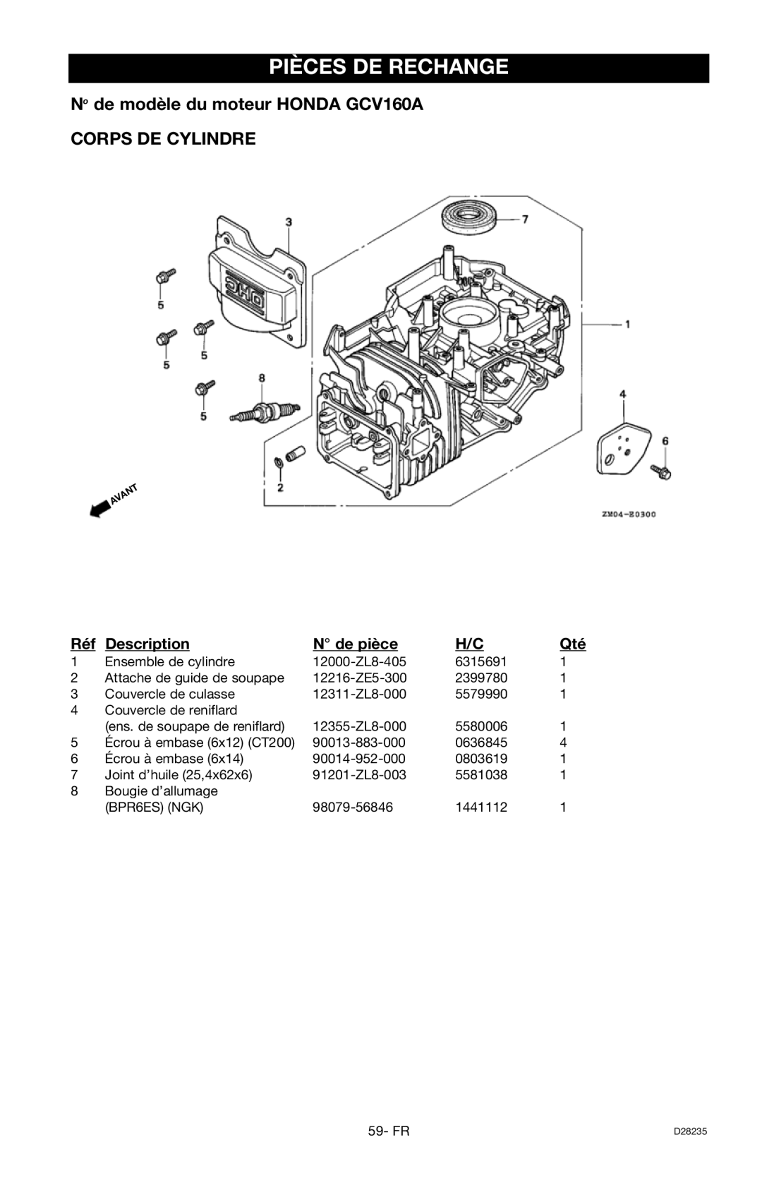 Craftsman 919.672241 Pièces De Rechange, No de modèle du moteur HONDA GCV160A, Corps De Cylindre, Description, N de pièce 