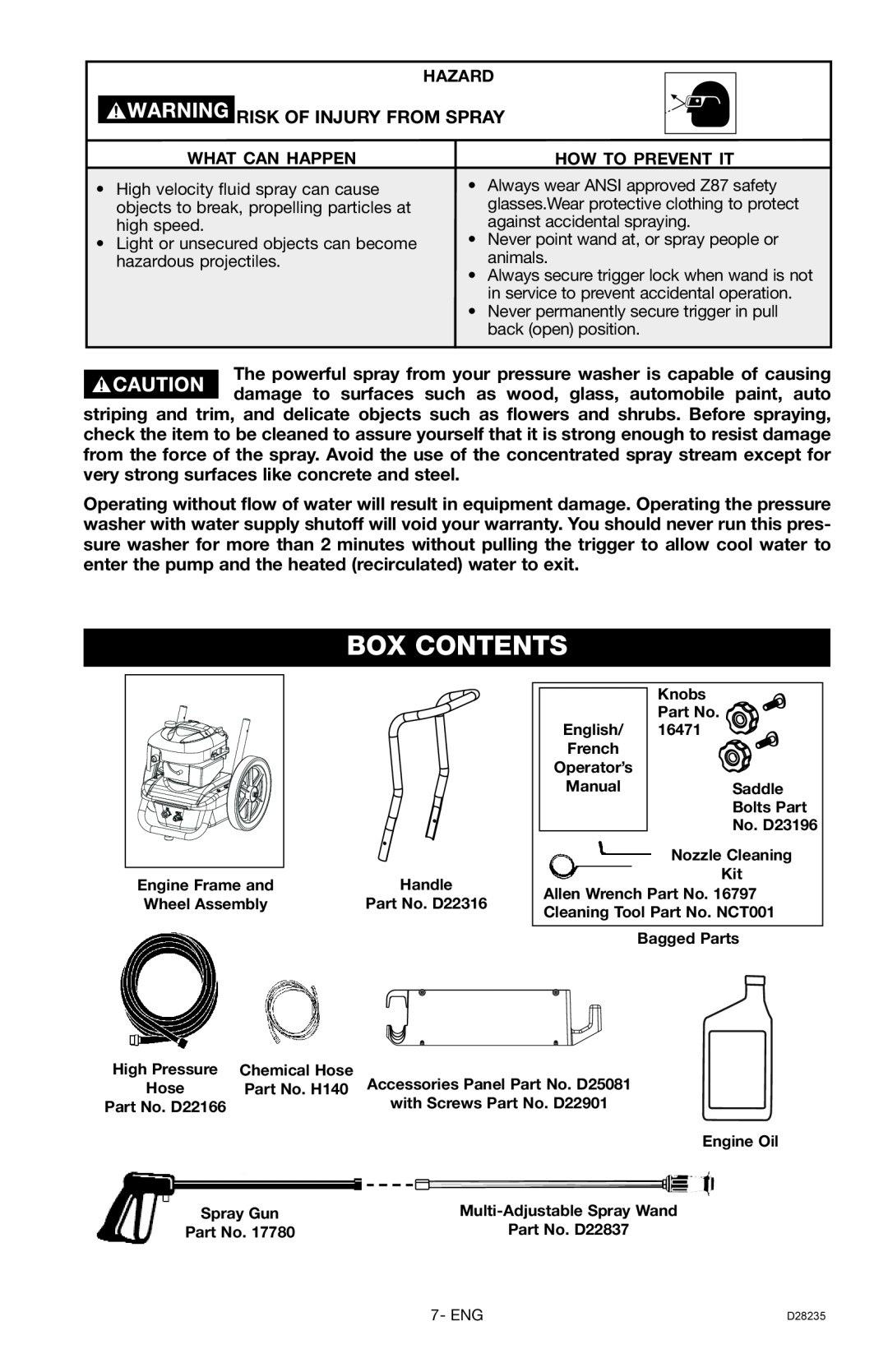 Craftsman 919.672241, D28235 owner manual Box Contents, Risk Of Injury From Spray 