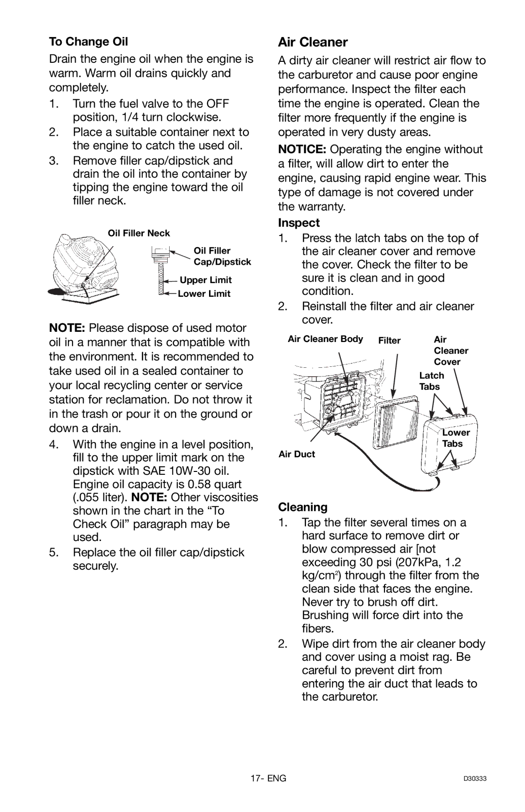 Craftsman 919.672190, D30333 owner manual To Change Oil, Inspect, Cleaning 