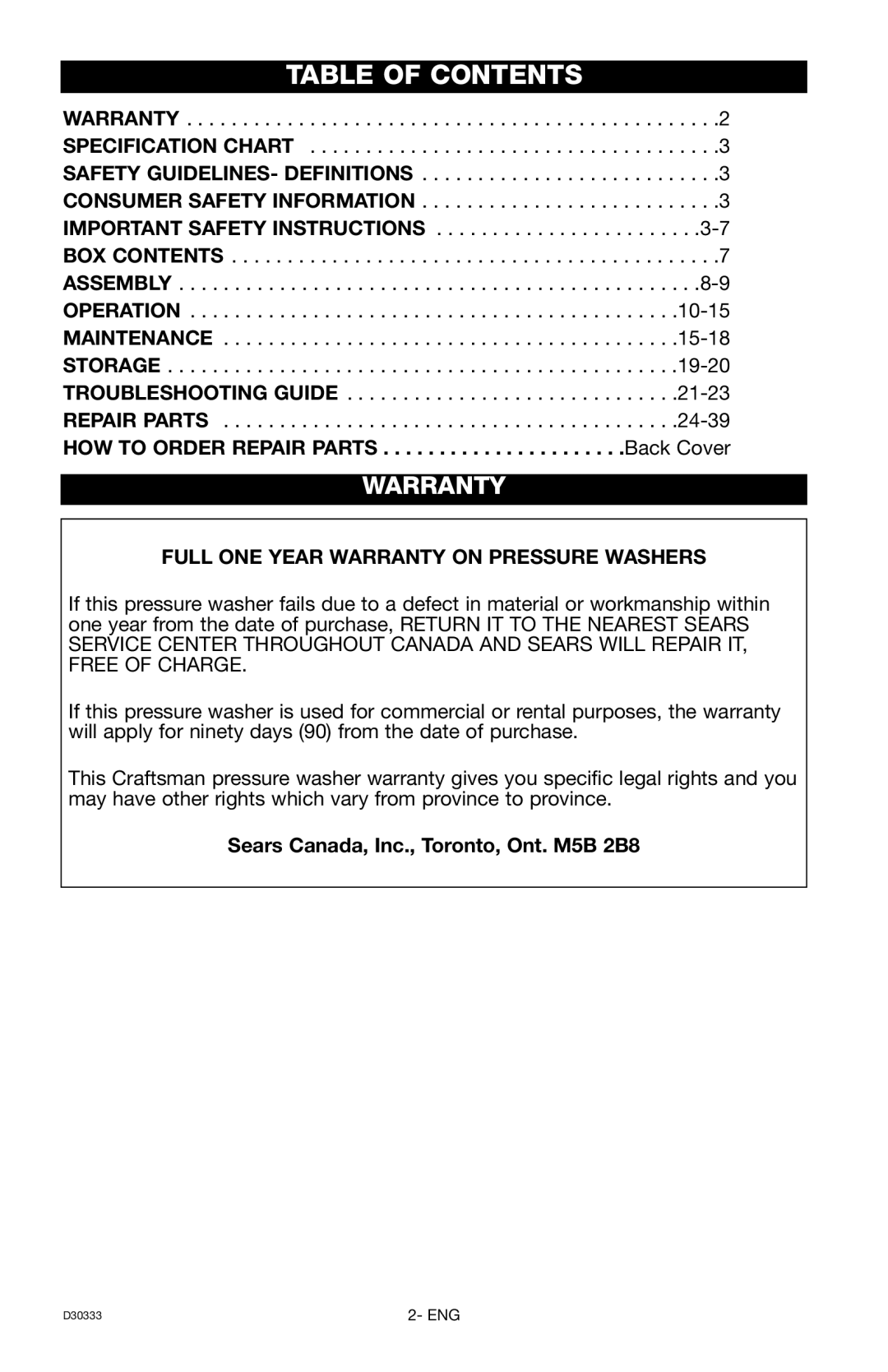 Craftsman D30333, 919.672190 owner manual Table of Contents 