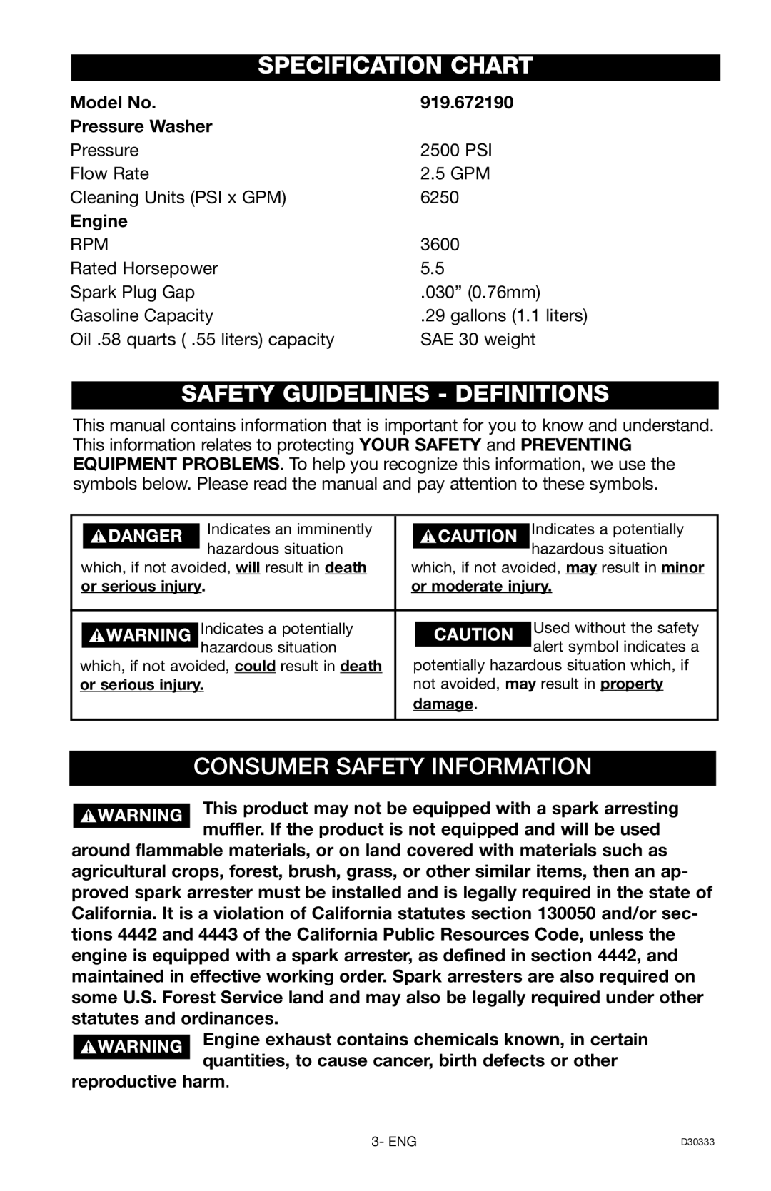 Craftsman D30333 Specification Chart, Safety Guidelines Definitions, Model No 919.672190 Pressure Washer, Engine 